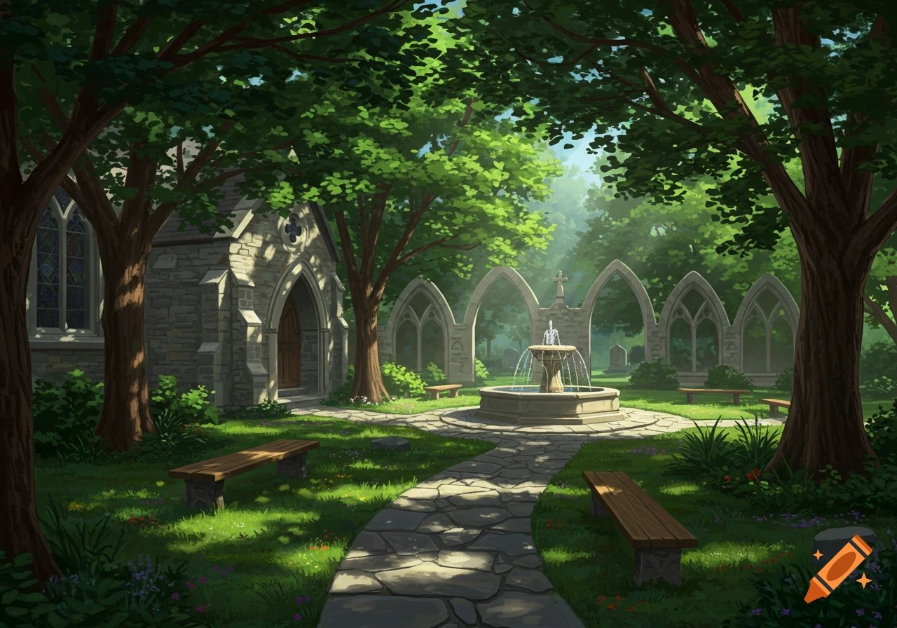 An illustrated view of a peaceful sacred garden with a stone church, a fountain, benches, and Gothic arches surrounded by lush trees.
