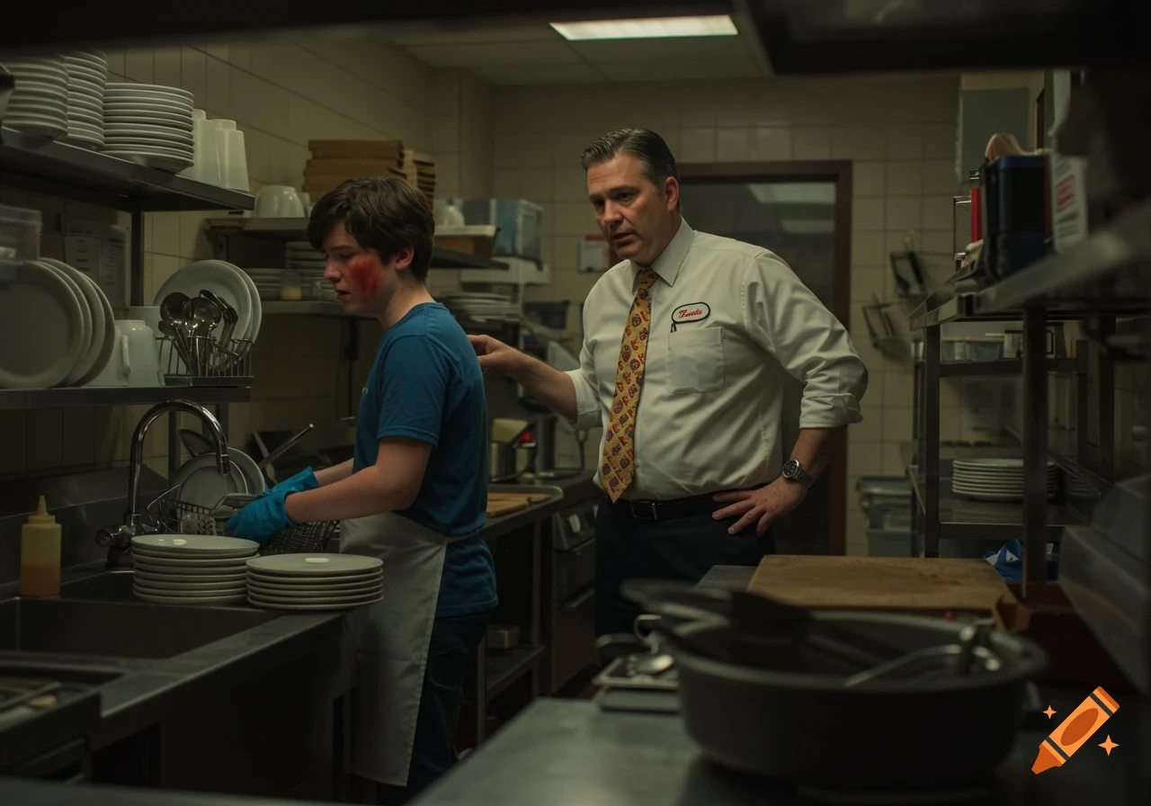 A frustrated teen dishwasher with a red mark on their face is at a sink in a dimly lit pizza kitchen while a manager in a pizza tie speaks to them.