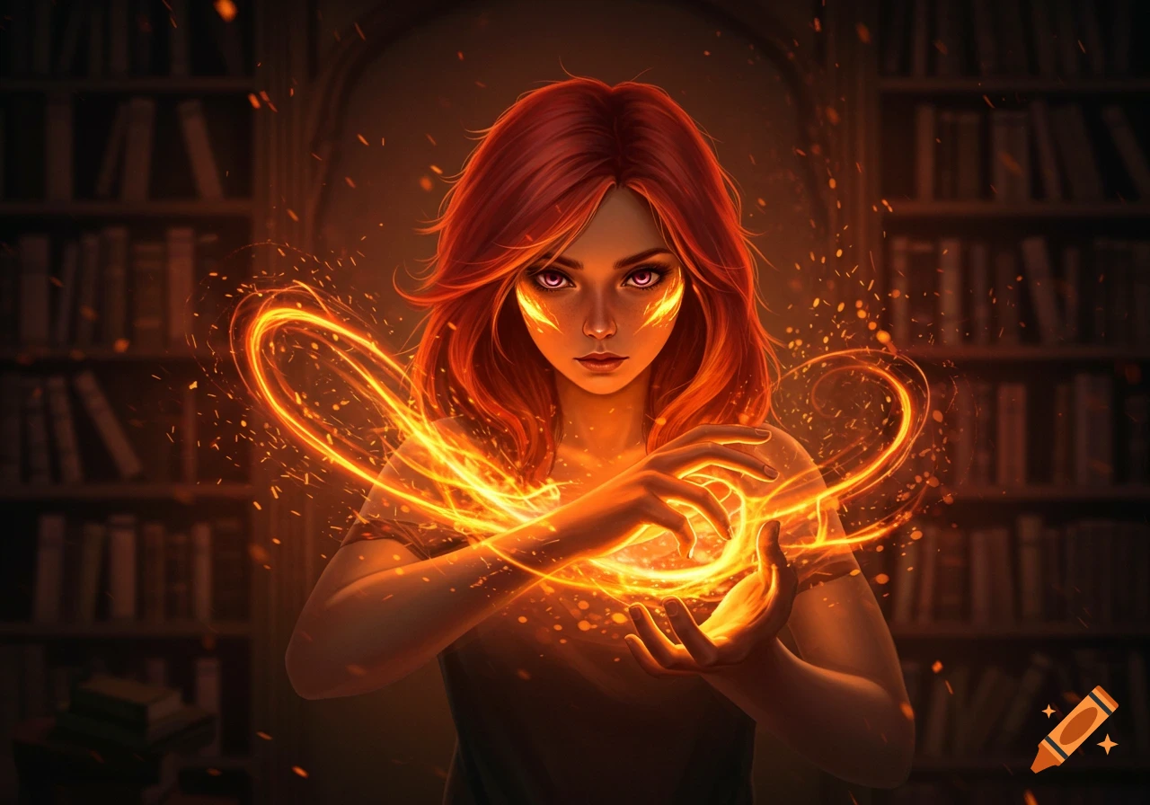 A red-haired woman with glowing eyes summons fire with her hands, in a mystical digital painting.