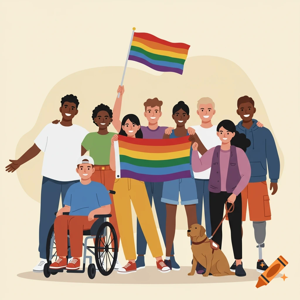 Flat illustration of a diverse group of smiling people, including a person in a wheelchair, a person with a prosthetic leg, and a person with a guide dog, holding an LGBTQ+ pride flag.
