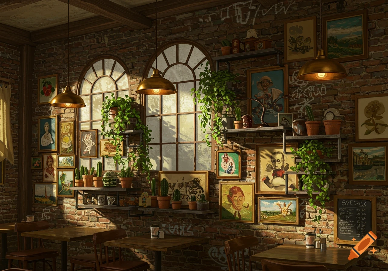 A cozy cafe interior with brick walls, arched windows, and wooden tables, adorned with numerous framed paintings and potted plants.