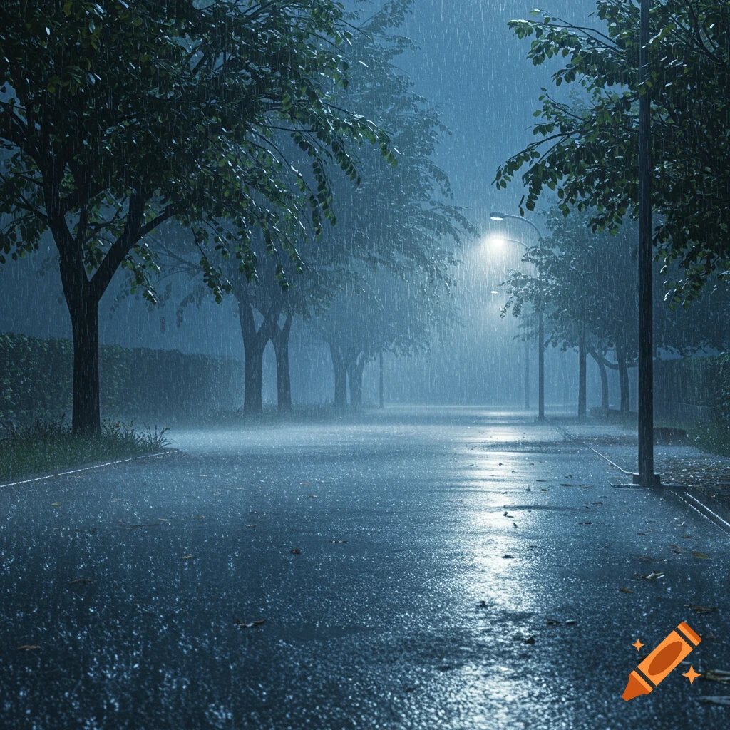 A dark, wet street covered in heavy rain, lined with trees, illuminated by a glowing streetlamp. Photorealistic.