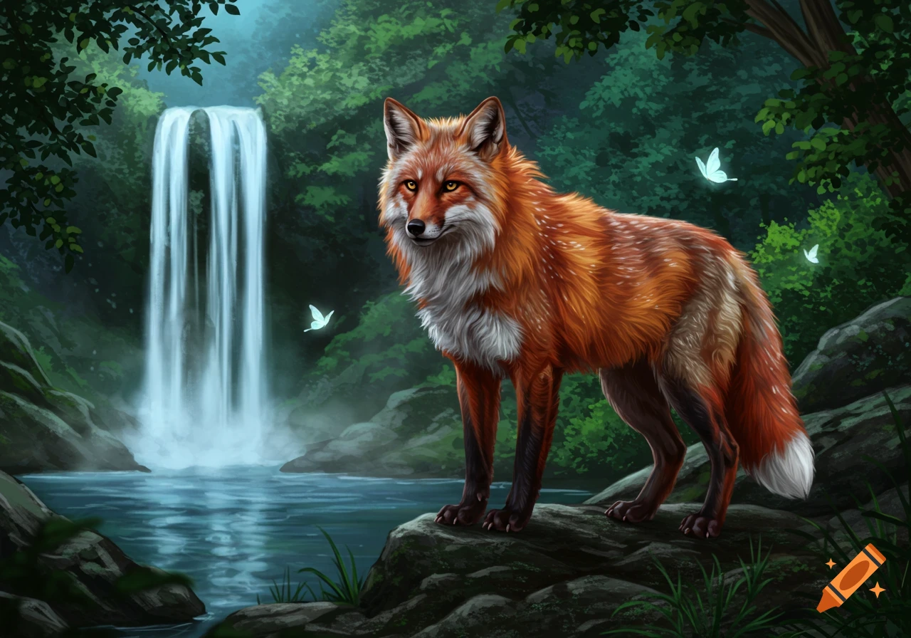 A red fox stands on a rock by a river and waterfall in a lush forest with glowing butterflies, illustration.