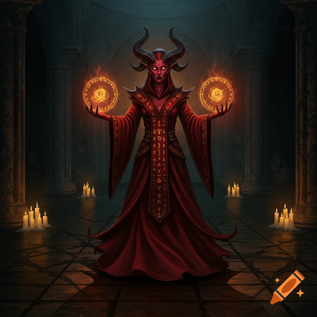 A female demon cultist with red skin and horns, wearing a dark red robe with mystical symbols, stands in a gothic chamber holding glowing orbs of fire.