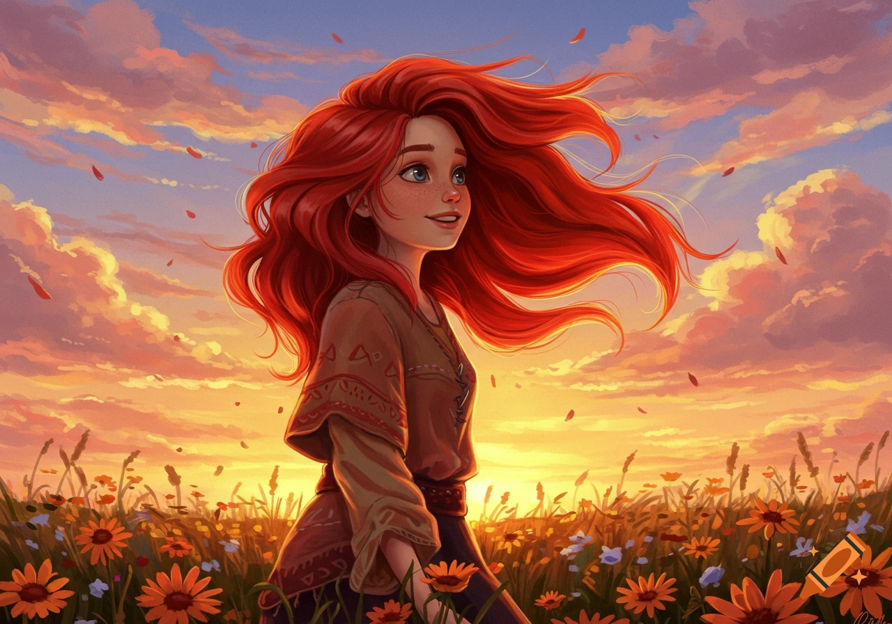 Digital painting of a smiling red-haired girl in a field of orange flowers at sunset, her hair flowing in the wind.