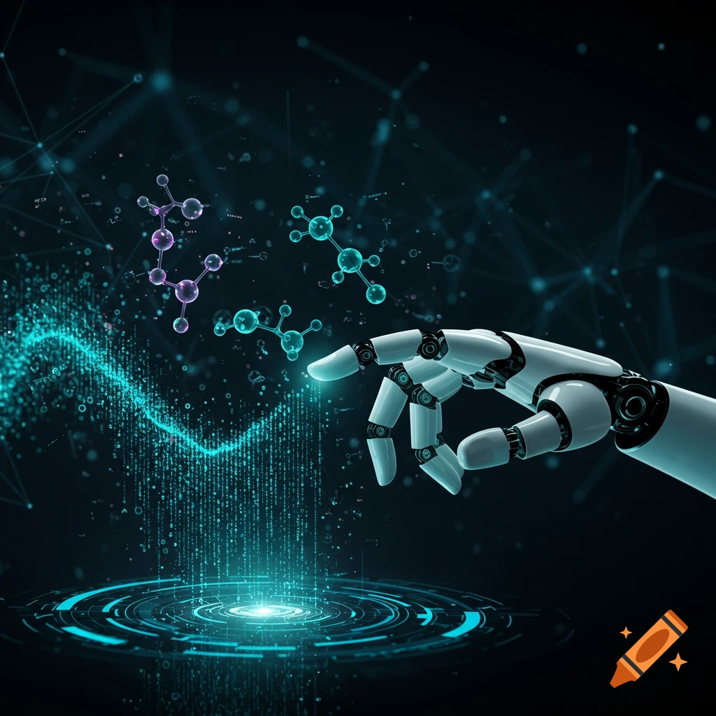 A robotic hand reaches into glowing digital data streams and molecular structures on a dark, futuristic background.