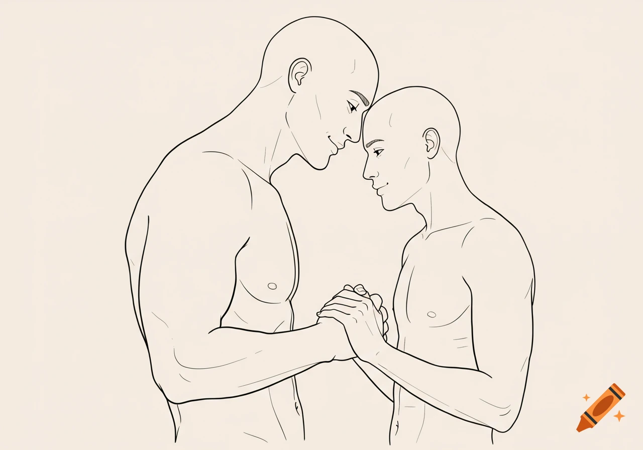 Line art drawing of a taller bald man and a shorter bald man, shirtless, holding hands and gazing at each other.