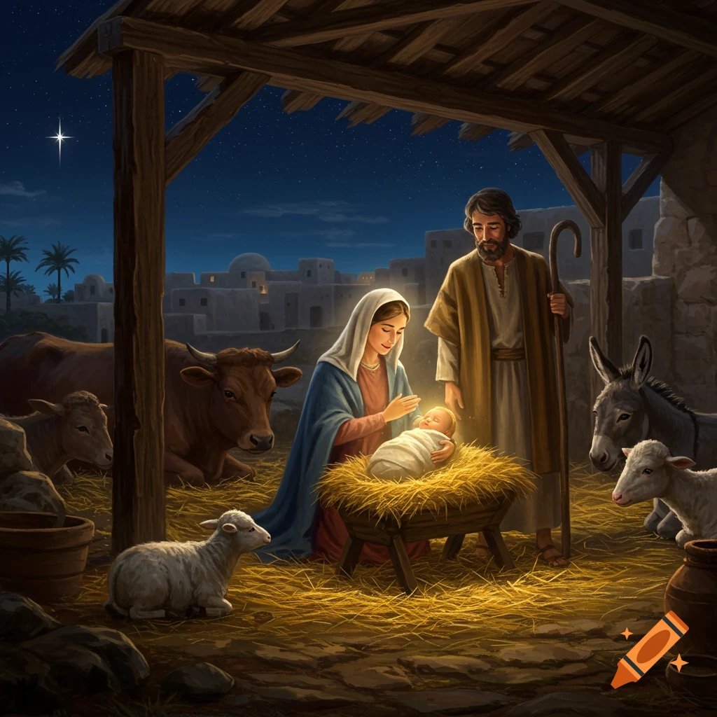 A serene painting of Mary, Joseph, and the glowing baby Jesus in a straw-filled manger inside a stable, surrounded by a cow, donkey, and sheep under a starry night sky.