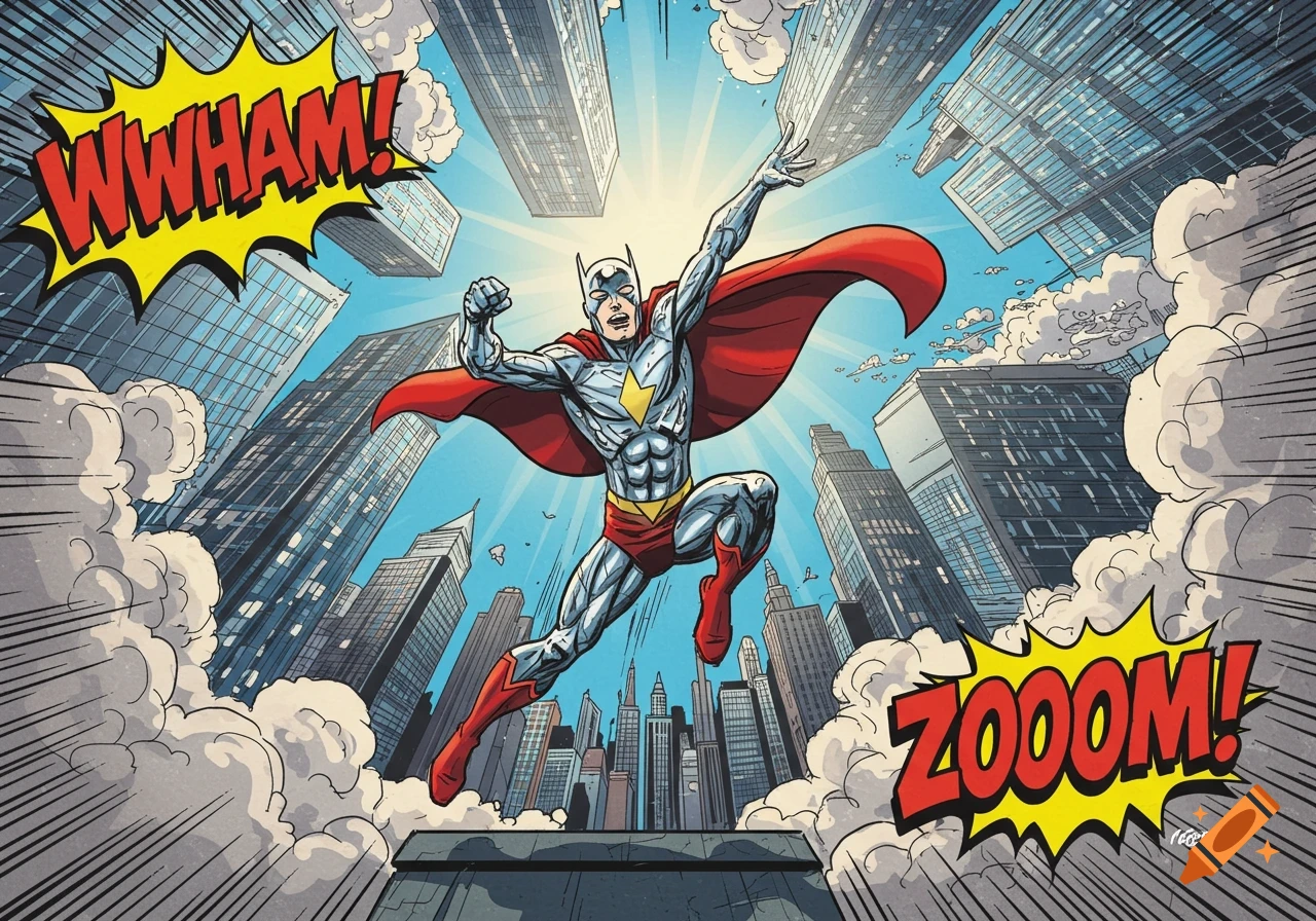 Comic book style illustration of a superhero in a metallic suit and red cape flying above a cityscape, with WWHAM! and ZOOOOM! text bubbles.