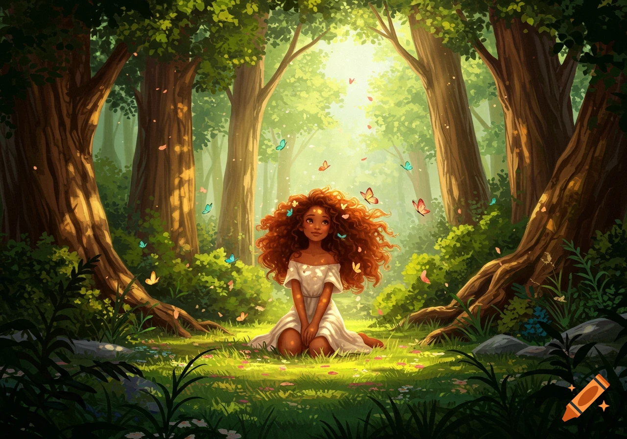 A whimsical illustration of a tan girl with long, curly hair sitting in a sunlit magical forest surrounded by butterflies.