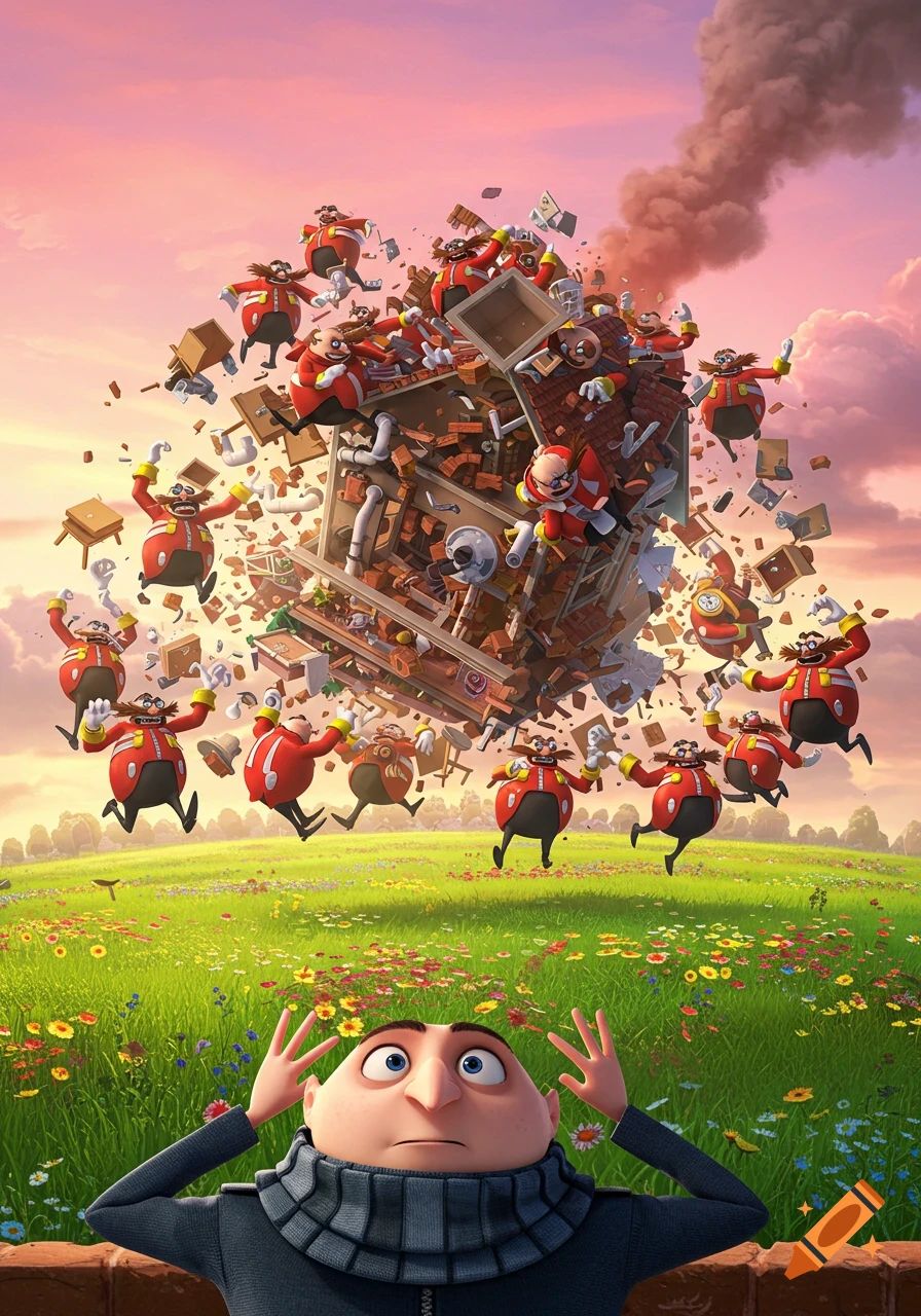 Gru looks distressed as many cartoon Doctor Eggmen fly around an exploding house in a vibrant green field.