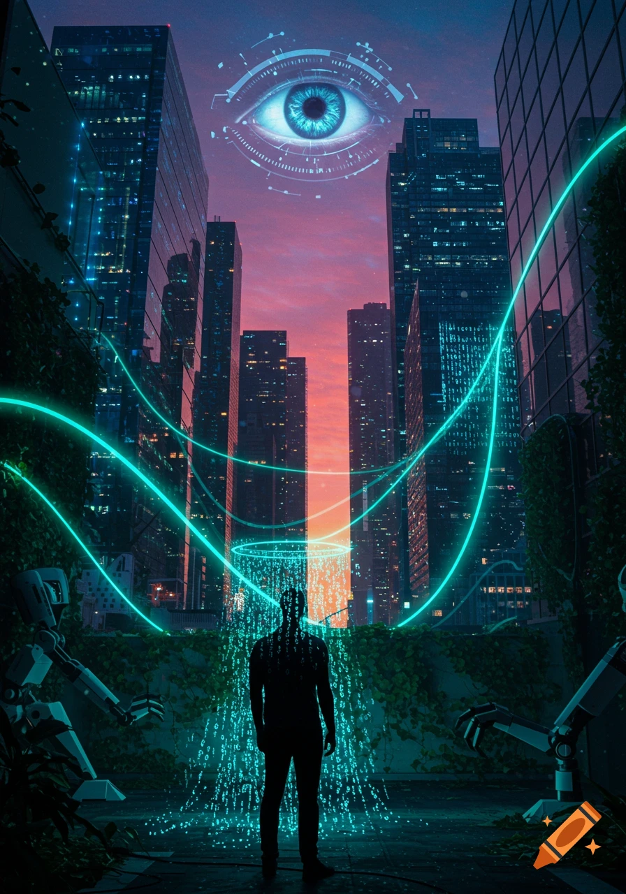 Cyberpunk cityscape at dusk with a giant digital eye, a person under data streams, glowing neon lines, and robotic elements.