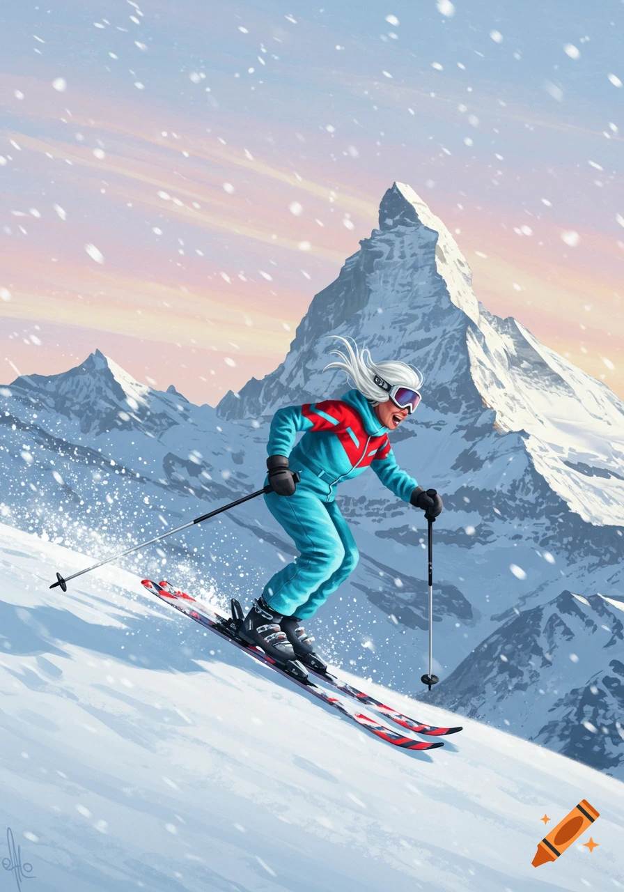 An illustrated elderly woman in a blue and red ski suit skis down a snowy mountain with a large peak and pink sky in the background.