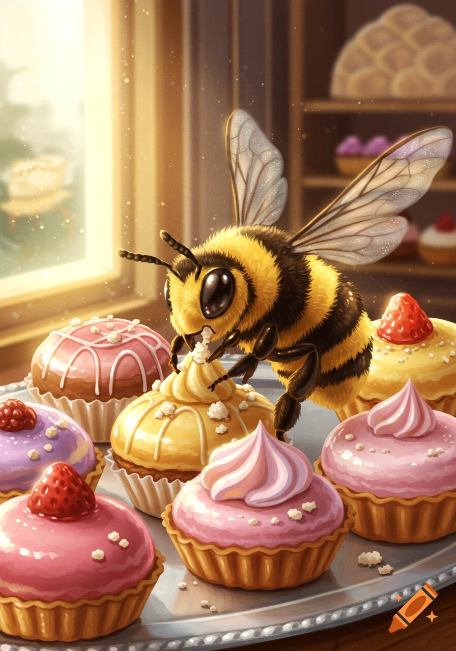 A cute cartoon bee eating frosting from a cupcake on a tray of colorful pastries in a warm, sunlit bakery.