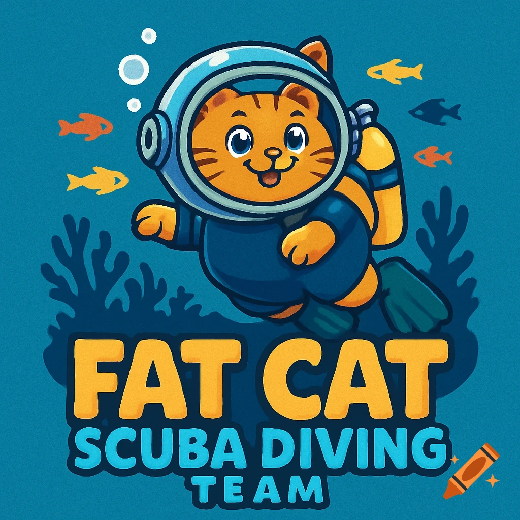 Cartoon logo of a happy orange cat in a blue scuba suit swimming underwater with fish and coral, text 'FAT CAT SCUBA DIVING TEAM'.