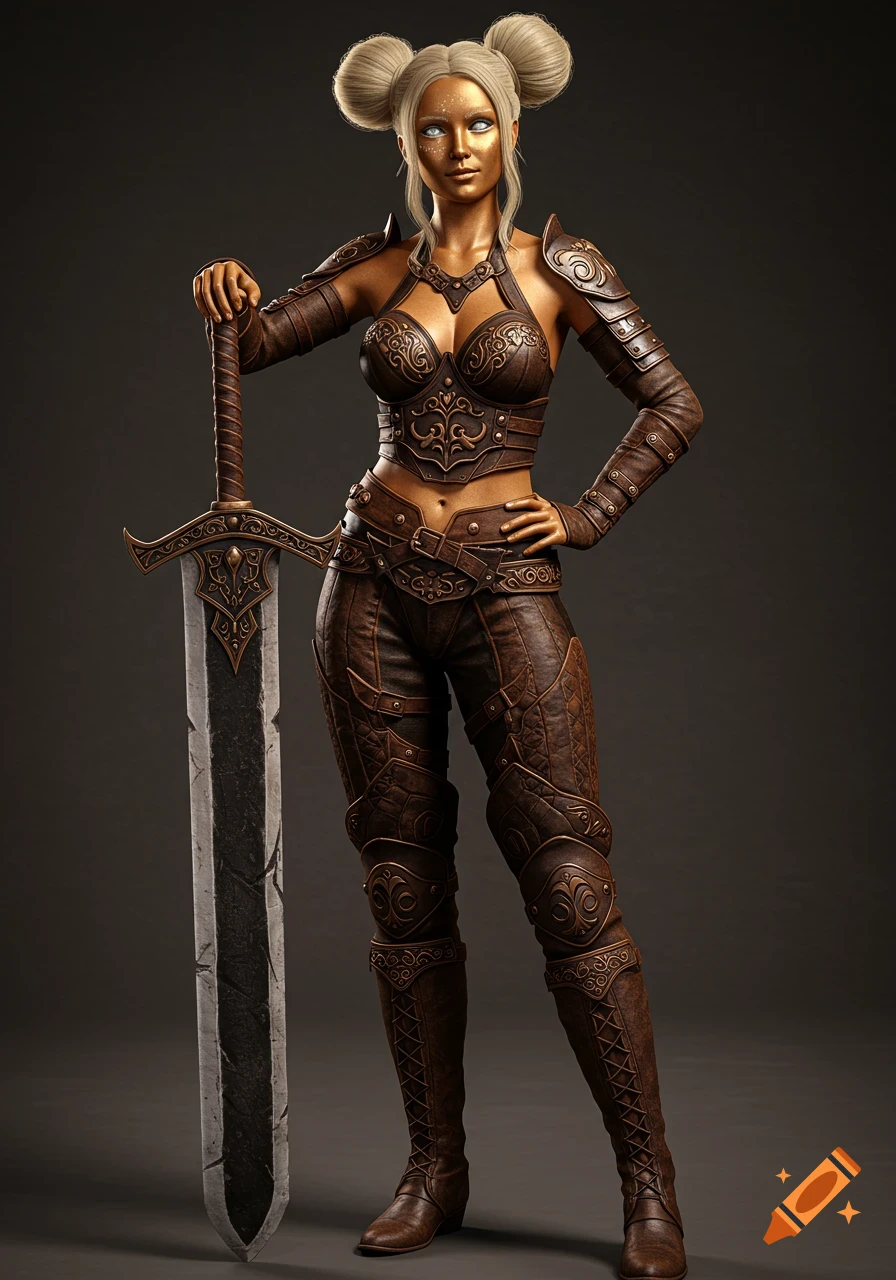 Photorealistic portrait of a female fantasy warrior with golden skin, blonde hair, dark brown leather armor, holding a large sword.