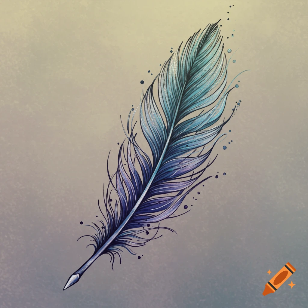 A stylized blue and purple feather with ink splatters, resembling a tattoo design.
