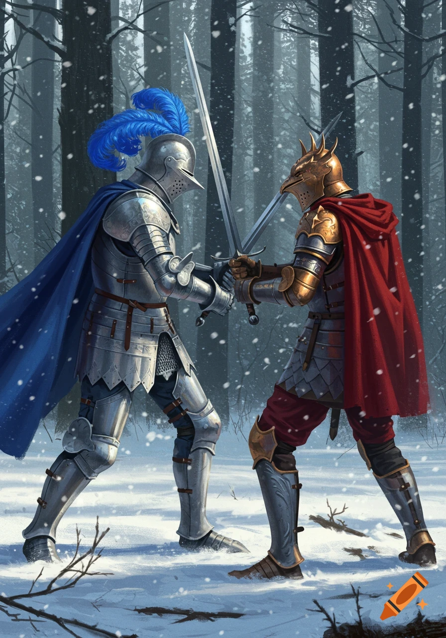 A silver knight with blue plume and cape duels a gold dragon-headed knight with red cape in a snowy forest.