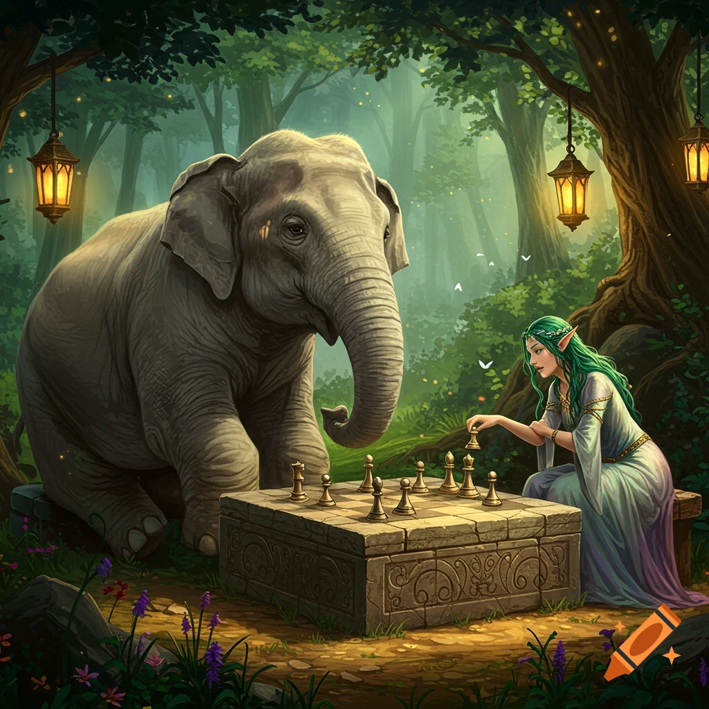 An elephant and an elf playing chess on a stone board in a magical forest.