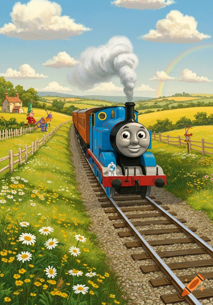 Smiling Thomas the Tank Engine pulls carriages through a sunny, wildflower-filled countryside with a rainbow. Illustrated style.