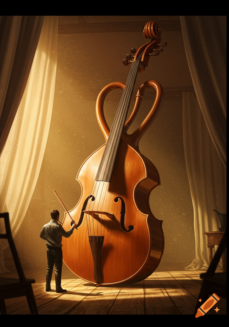 A man stands on a wooden floor, playing a giant, stylized cello-like instrument with a bow in a dimly lit room.
