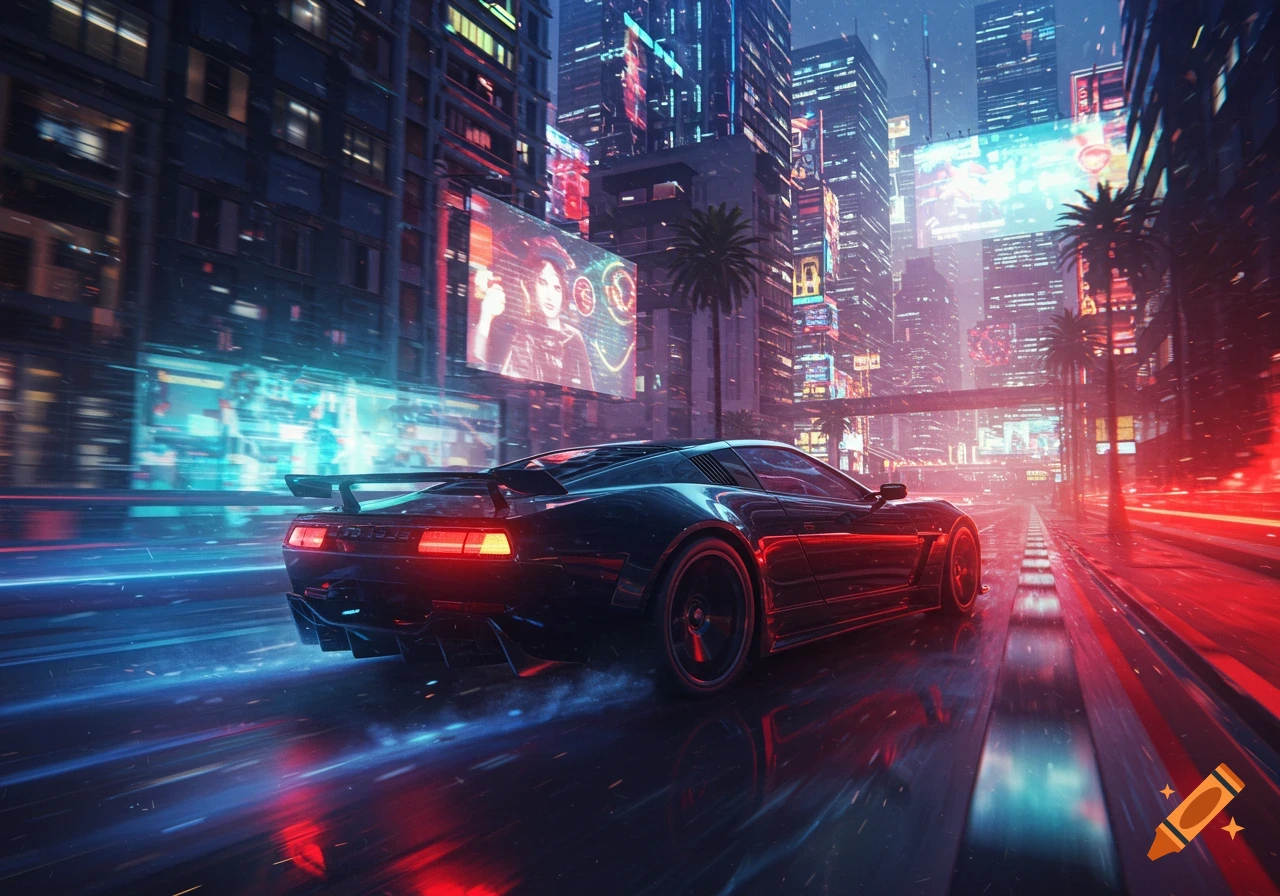 A black futuristic sports car drives at high speed through a neon-lit cyberpunk city at night, leaving blue and red light trails.