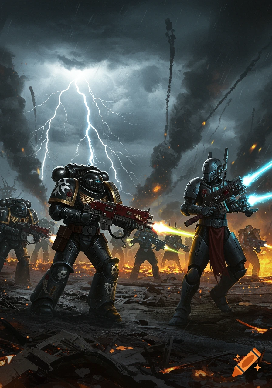 Armored futuristic soldiers battle on a stormy, fiery battlefield with lightning. Space Marines and T'au clash with glowing weapons.