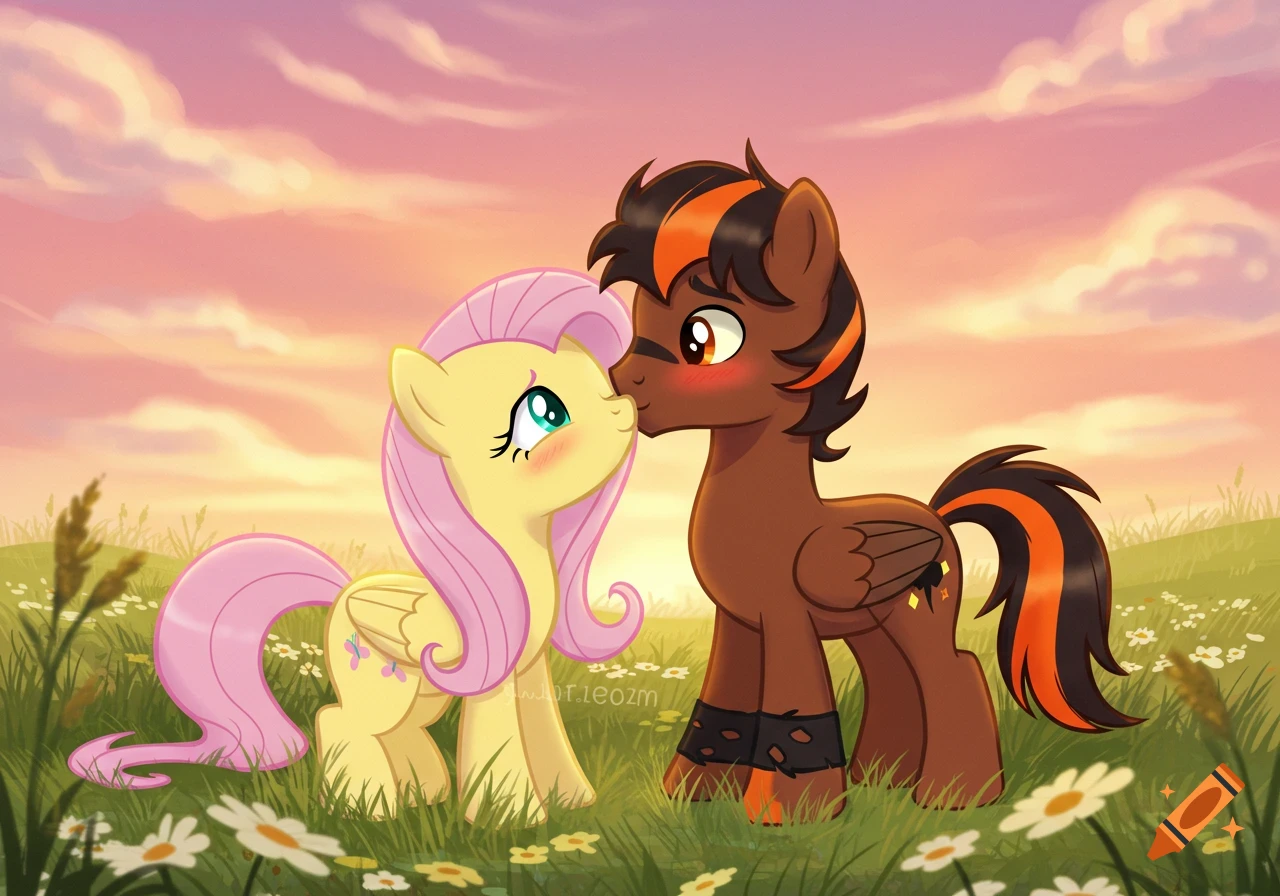 Fluttershy and a brown male pony sharing a gentle kiss in a romantic meadow at sunset, My Little Pony cartoon style.