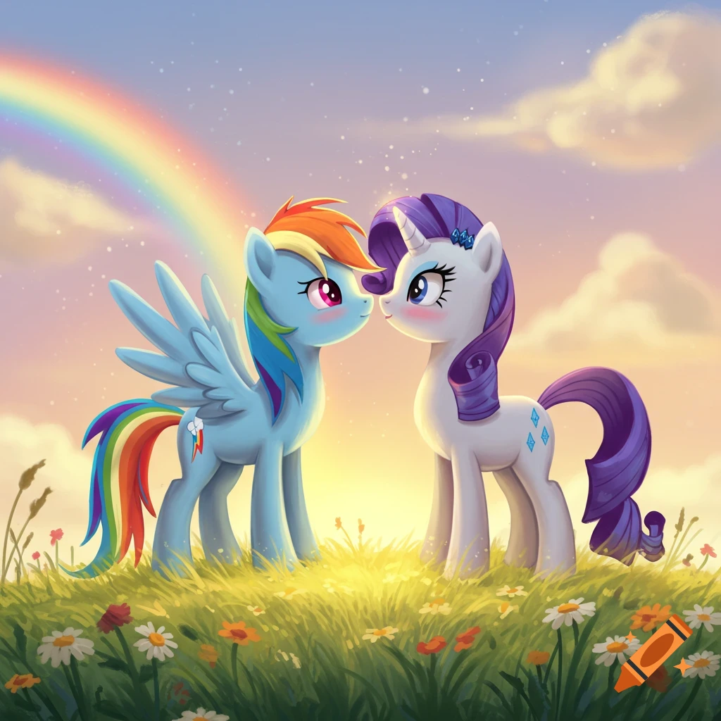 An illustration of Rainbow Dash and Rarity from My Little Pony with noses touching in a grassy field under a rainbow at sunset.