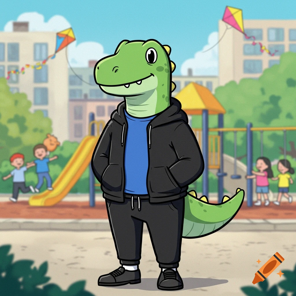 An anthropomorphic green cartoon dinosaur in a black hoodie and blue shirt stands in a playground with children and kites.