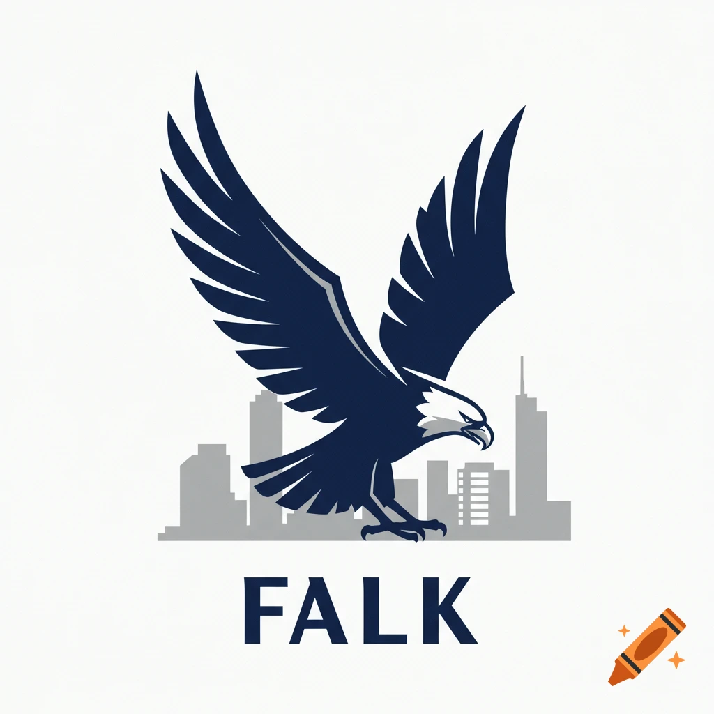 Dark blue stylized eagle with spread wings above a gray city skyline, with "FALK" below.
