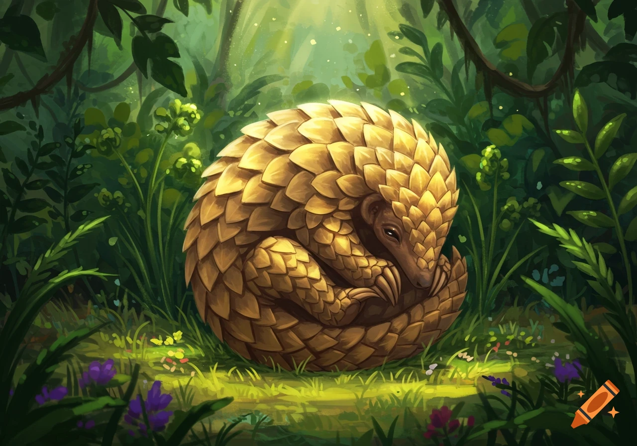 An illustration of a golden pangolin curled up in a sunlit, lush green forest with purple flowers.