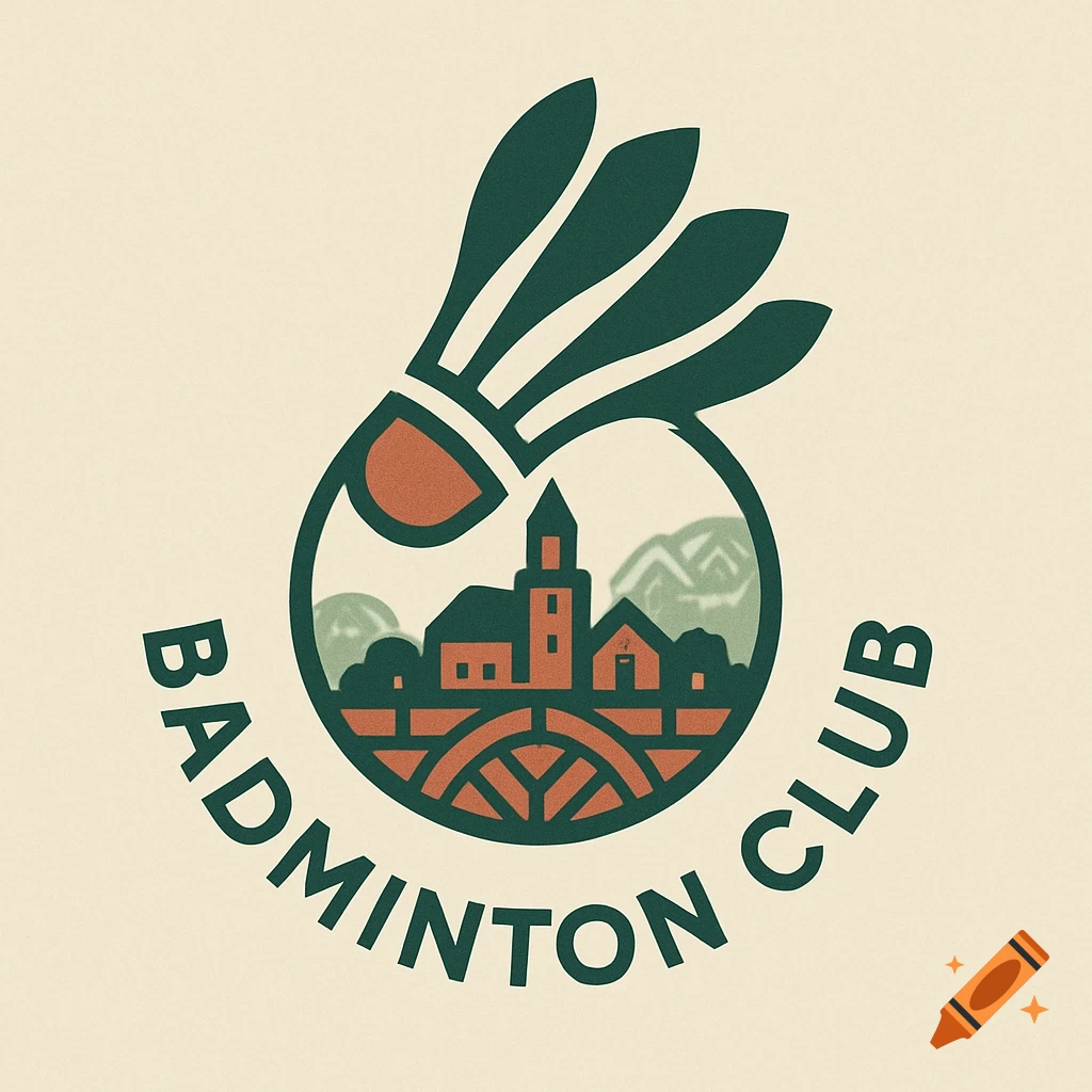 A graphic logo for 'BADMINTON CLUB' showing a shuttlecock combined with a stylized small city and mountains, in green and orange.