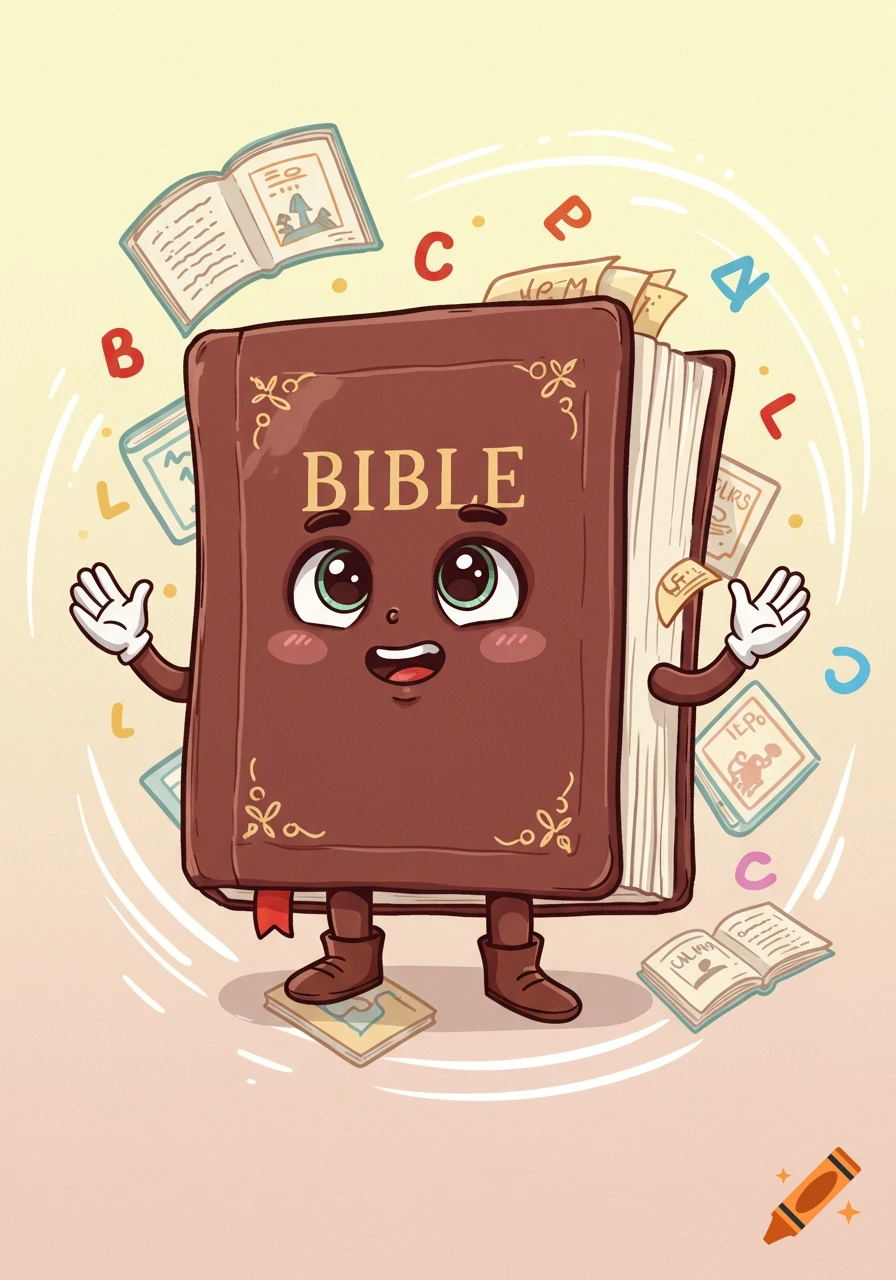 Cute cartoon anthropomorphic Bible character with big eyes and a smile, waving hands, surrounded by floating letters and small open books.