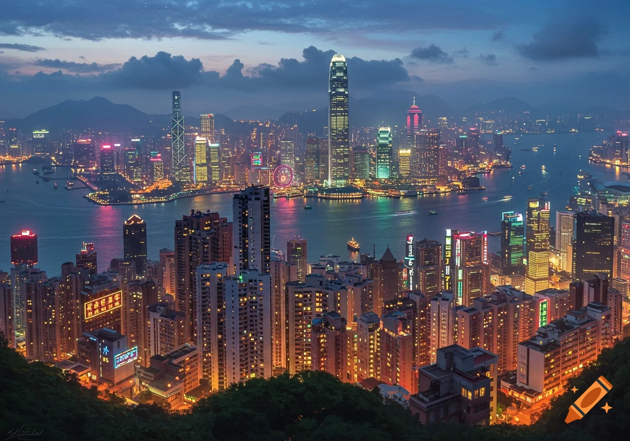 Panoramic view of Hong Kong city skyline at dusk, with illuminated skyscrapers, harbor, and distant mountains under a cloudy sky.
