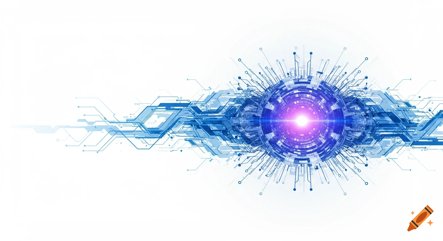 A blue and purple abstract digital illustration featuring a central glowing core surrounded by intricate circuit patterns and data streams on a white background.