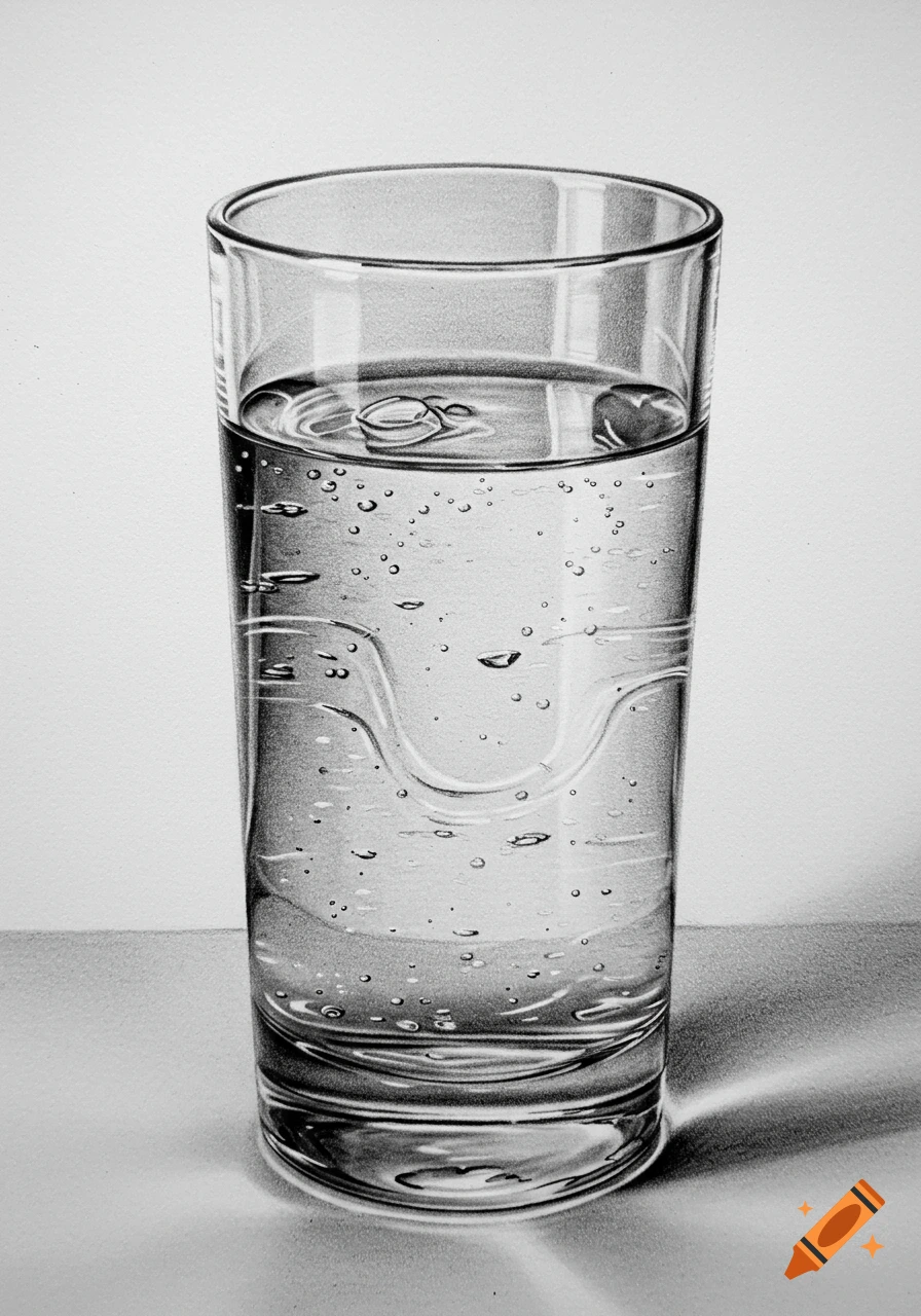 A detailed monochrome sketch of a tall glass of water with bubbles, casting shadows.