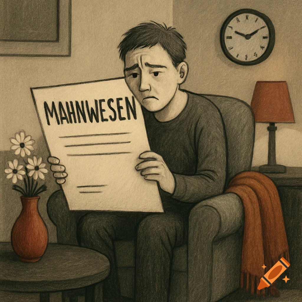 A sad man sits in an armchair, holding a giant paper with 'MAHNWESEN' written on it, in a stylized pencil drawing.