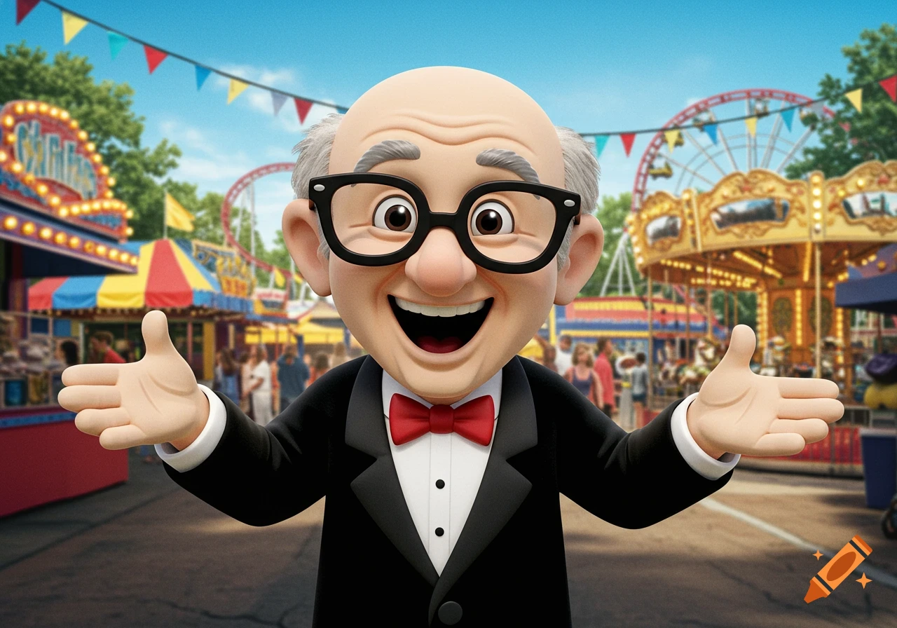A cartoonish bald man with glasses, wearing a tuxedo with a red bow tie, stands with open arms at a lively amusement park carnival.