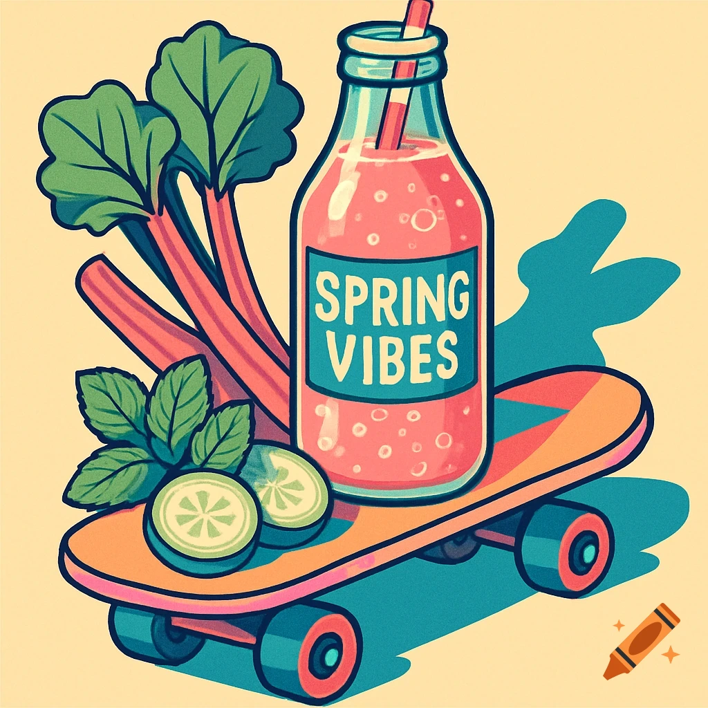 Flat design pop-art illustration of a 'Spring Vibes' drink bottle, rhubarb, mint, and cucumber on a retro skateboard.