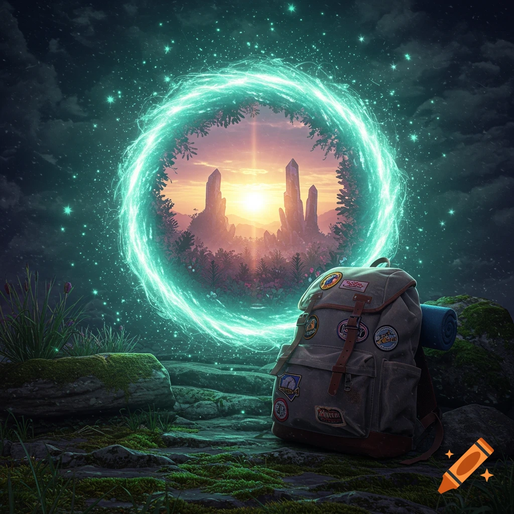 A grey backpack with patches rests on mossy ground, facing a glowing turquoise portal that opens to a sunlit, otherworldly landscape with crystal formations.