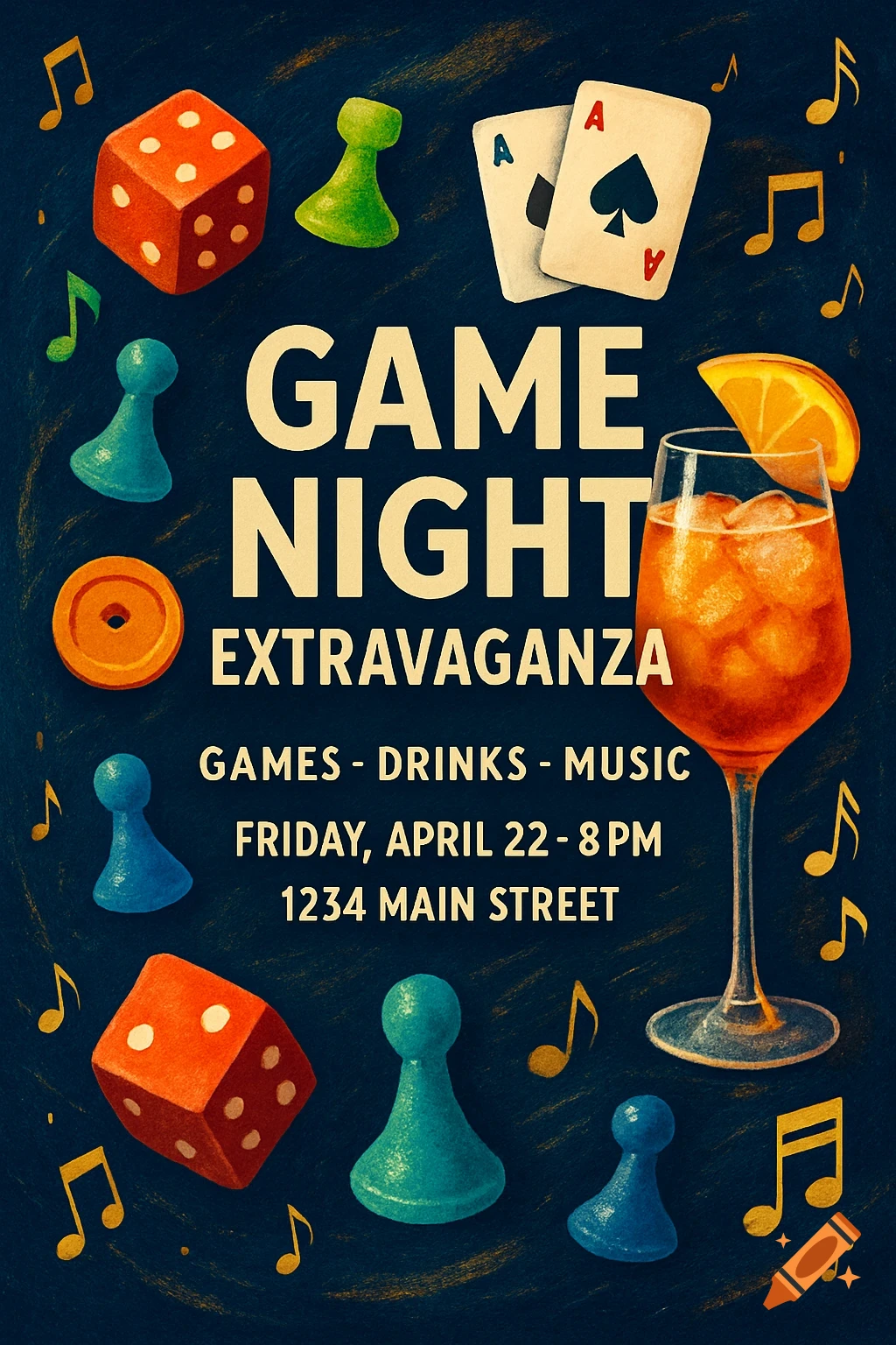 A vibrant 'Game Night Extravaganza' flyer illustration with board game pieces, playing cards, music notes, and a cocktail on a dark background.