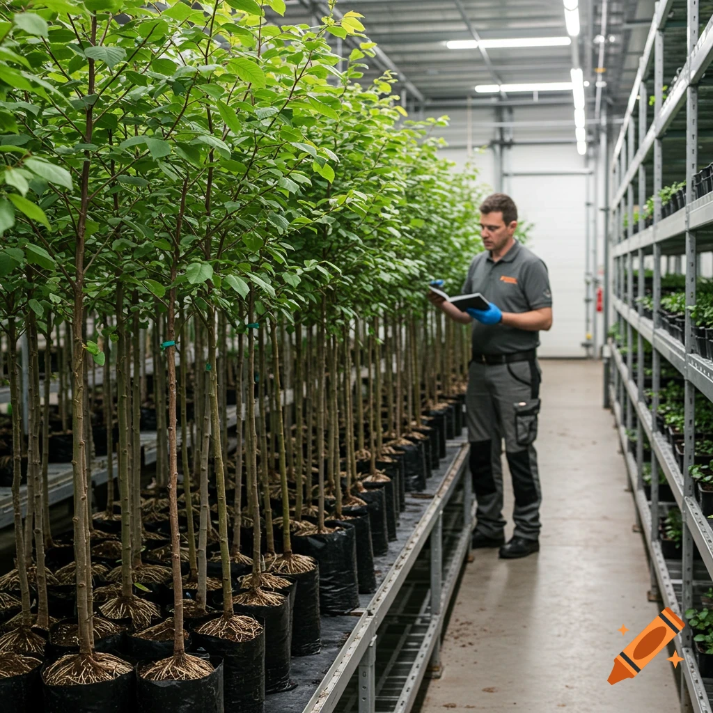 A man in work clothes wearing a blue glove checks rows of young trees in black containers in a modern plant nursery.