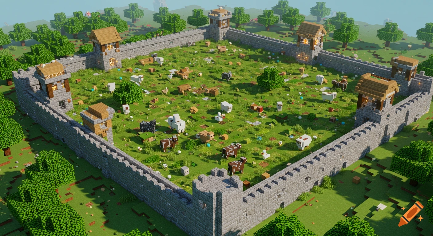 A large Minecraft-style walled field with numerous blocky farm animals, small buildings, and trees under a clear sky.