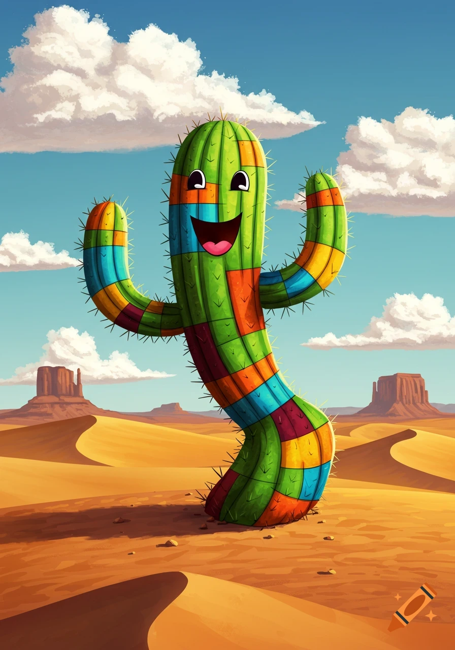 A vibrant, colorful cartoon cactus with a happy face dances in a sunny desert landscape with mesas and sand dunes.