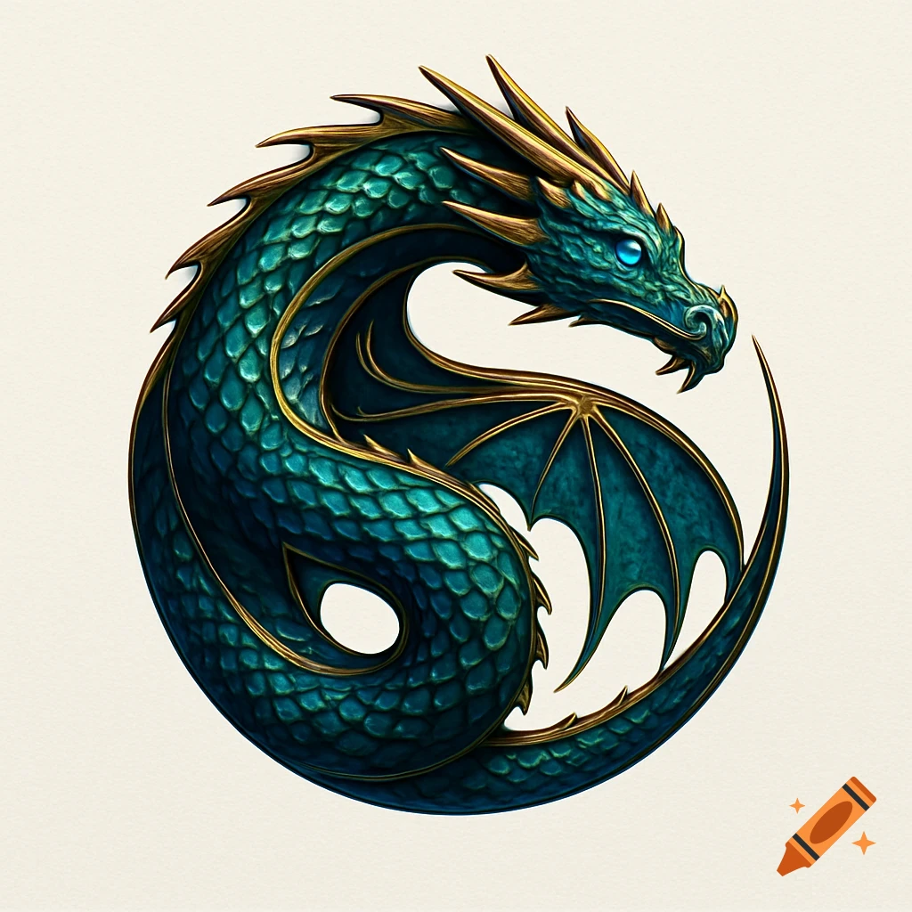 A stylized teal and gold dragon with blue eyes, curled into a circular logo shape on a light background.