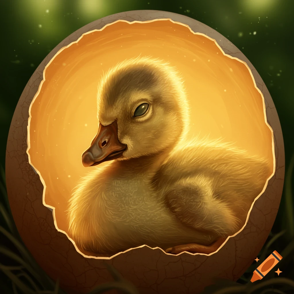 A cute, fluffy yellow duckling hatches from a glowing cracked egg against a dark green background.