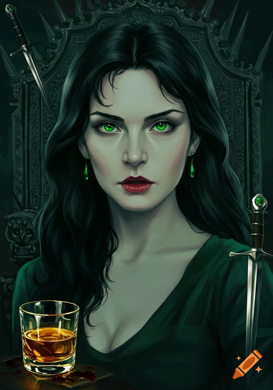 Dark fantasy art portrait of a woman with green eyes, black hair, and a green dress, sitting before a throne with daggers and a glass of whiskey.