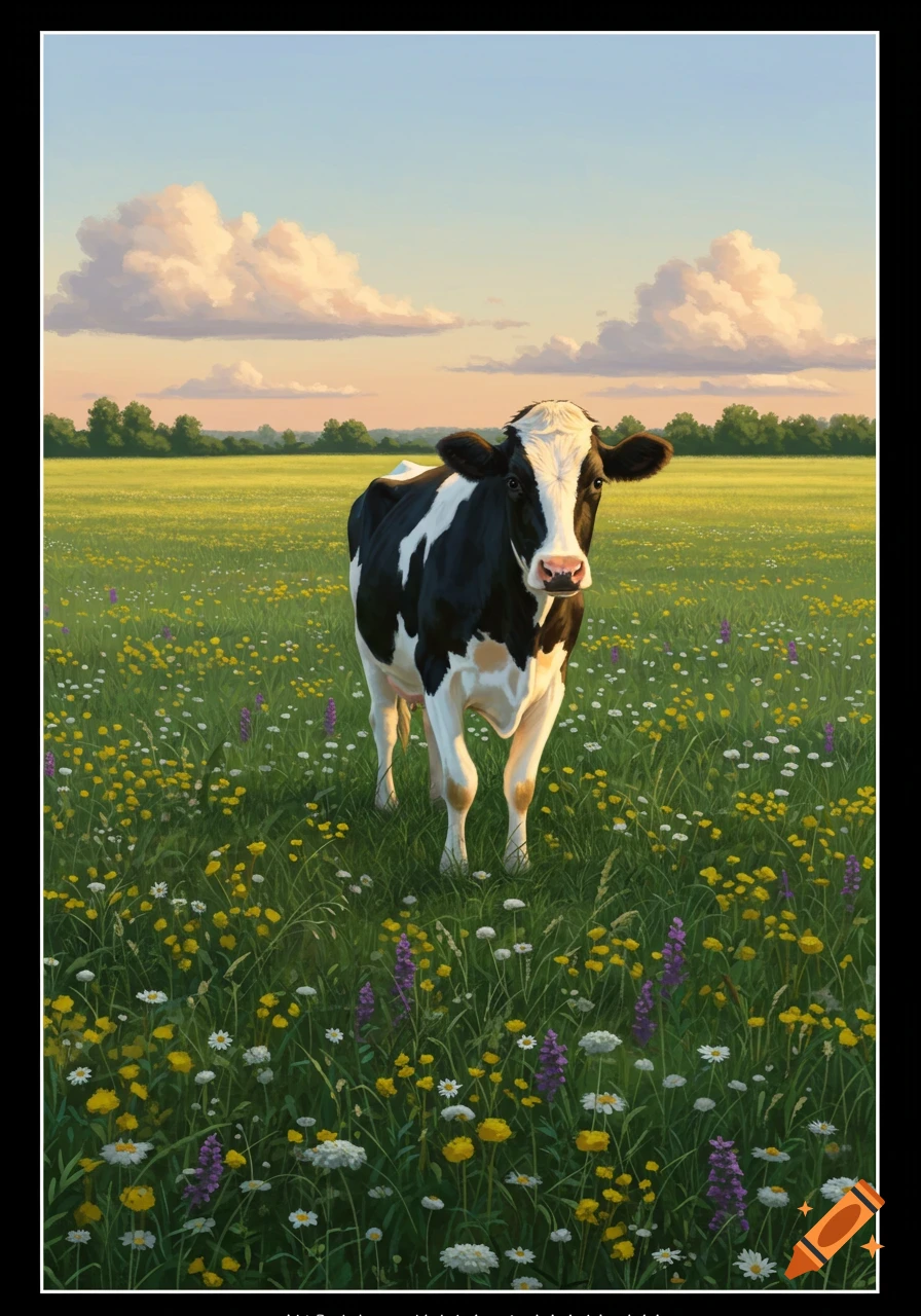 A black and white cow stands in a sunlit field filled with yellow, white, and purple wildflowers under a blue sky with fluffy clouds in a realistic painting.