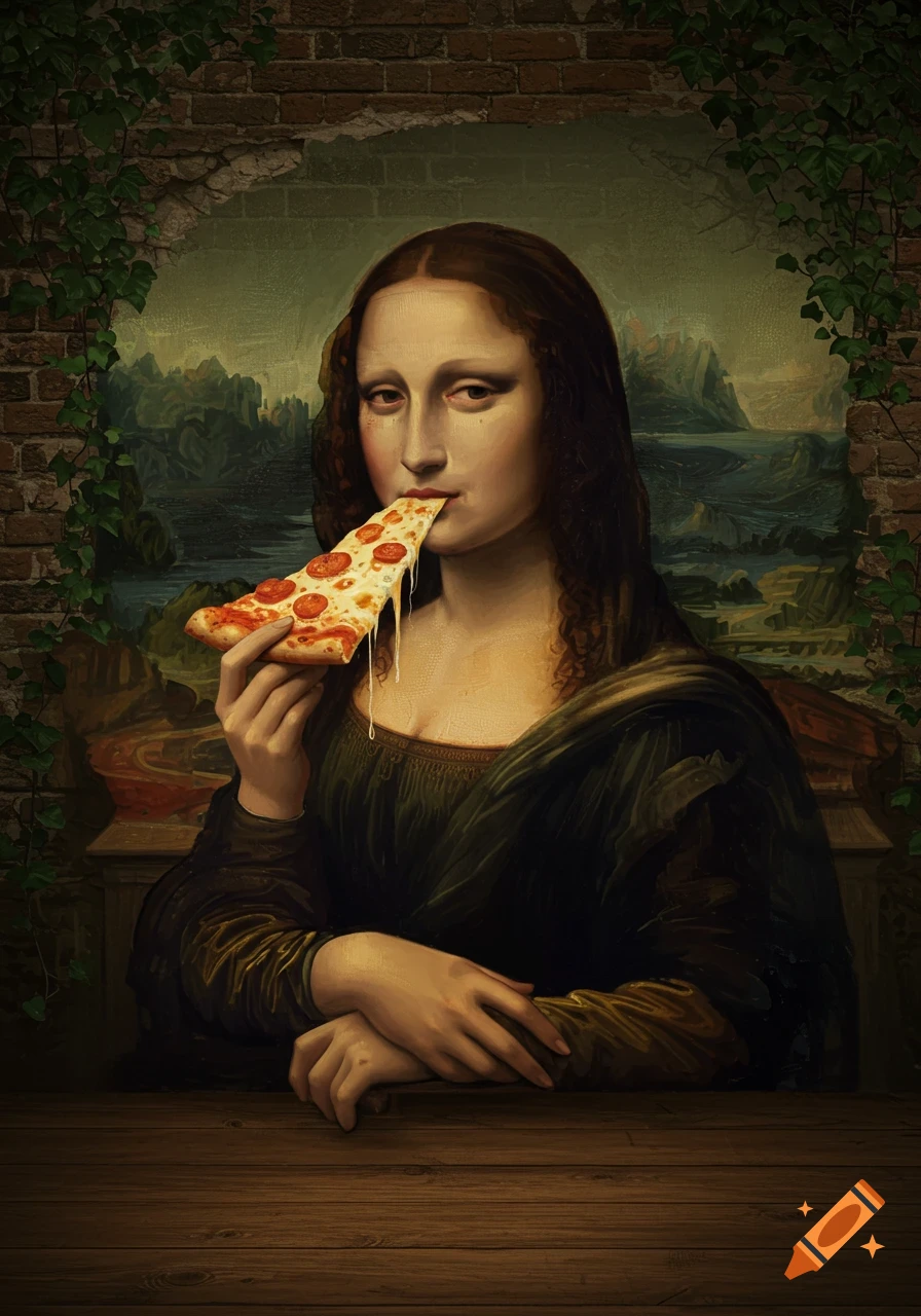 Mona Lisa with a melancholic expression eating a slice of pepperoni pizza, against a backdrop of her classic landscape painting framed by brick and ivy.